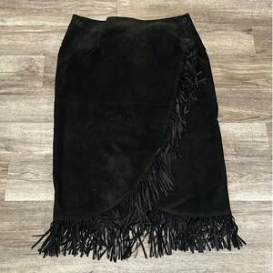 VTG Santa Fe Black Leather Fringe Wrap Skirt 3X Western Cowgirl Boho Western